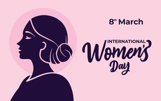 International Women's Day greetings on pink background with women's silhouette. Illustration for attractive beautiful holiday design. Colorful applique to 8 March vector