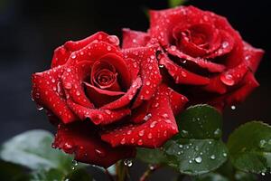 ai generado el belleza de lluvia floreciente rojo rosas foto