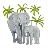 Hand drawn elephant with baby elephant, on a background of palm trees, watercolor vector