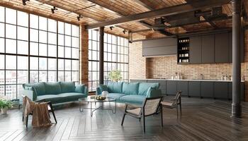 A modern loft living room with a couch, a kitchen photo