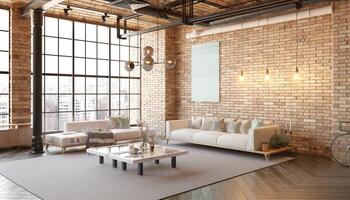A modern loft living room with a couch, a coffee table photo