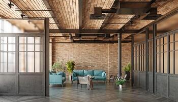 A modern loft living room with a couch, a coffee table photo