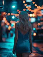 AI generated An attractive blonde in a blue dress on an evening street photo