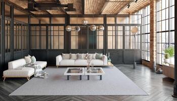 A modern loft living room with a couch, a coffee table photo