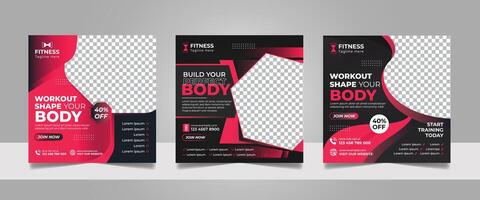 Gym promotional social media post, Fitness club square flyer web banner ads template set, Shape your body motivation design, Yoga training center advertising poster bundle. vector