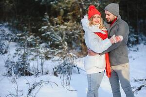 Winter picnic in the forest. Love story in snow. couple in winter play in snow and hugging near the pine. Two lovers on winter walk. Valentine's Day for couple in rustic style. Winter lovestory photo