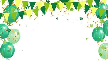 triangle pennants chain, confetti, green balloon and clover leaves for saint Patrick day vector
