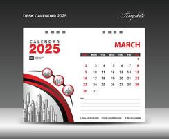 Desk Calendar 2025 template with circle frame can be use photo, March 2025 template. Wall Calendar design, planner, Corporate Calendar 2025 creative design mockup, printing, advertisement, vector