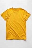 ai generado amarillo color camiseta acostado en un blanco antecedentes foto