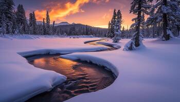 ai generado devanado corriente entre un invierno cubierto de nieve bosque a puesta de sol foto