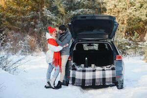 Winter picnic in the forest. Love story in snow. couple in winter play in snow and hugging near the pine. Two lovers on winter walk. Valentine's Day for couple in rustic style. Winter lovestory photo