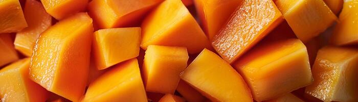 AI generated Mango Mosaic, close-up of a perfectly ripe mango, cut into small cubes and arranged in a mosaic pattern on the white background, generative AI, background image photo