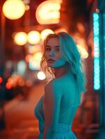 AI generated An attractive blonde in a blue dress on an evening street photo