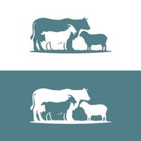 vector silueta ilustración vaca oveja cabra en el césped animal granja grupo logo