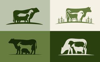 Cattle Angus Cow, sheep, goat and Grass silhouette livestock farm logo design vector