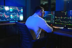 Crypto trader investor analyst looking at computer screen analyzing financial photo