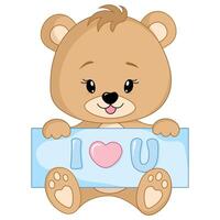 Cute teddy bear boy with the inscription I love you, isolated on a transparent background. Happy Valentine's Day. Vector illustration.