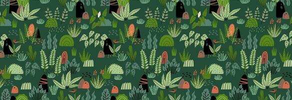 Seamless pattern with bushy green plants. Vector illustration in flat style. Design for fabric and more.