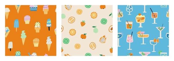 Set of seamless patterns with a summer vibe. Ice cream, drinks, fruit. Vector flat illustration. Design for fabric and more.