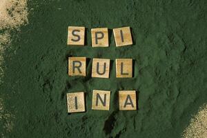 Wooden blocks with text SPIRULINA chlorella on background of algae superfood powder. Healthy benefits supplement and vegan antioxidant healthy eating concept photo