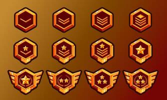 Game level golden rank badge. Realistic 3d effect style with shiny. Star and wings. vector