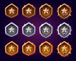 Rank badge shield set games with star. Gold, silver and bronze with gemstone. vector