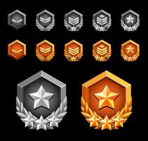 Award rank badge for games. Gold and silver 3d metal effect. Rank and stars. vector