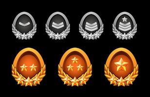 Award rank badge set for games. Oval shape with laurel. Gold and silver 3d metal effect. Rank and stars. vector