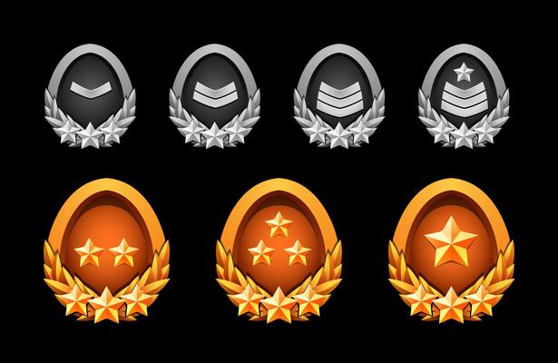Award rank badge set for games. Oval shape with laurel. Gold and silver 3d metal effect. Rank and stars.