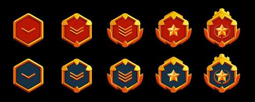 3d gold game level rank set. Realistic style and two base colors, red and blue. Stars and crown. vector