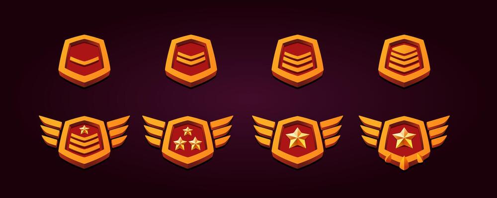 Metal gold rank patent badges with red color. Three dimensional effect with wings.