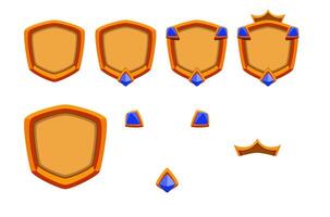 Wood gold badge set for game ranks and achievements with gems and crown. Easy editing and creation. vector