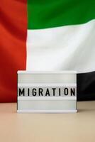 Message MIGRATION on background of UAE flag made from silk. United Arab Emirates national flag with concept of tourism and traveling. Dubai welcoming card. Advertisement photo