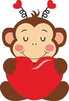 Cute valentine monkey sitting with red heart vector