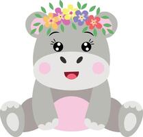 Adorable hippo sitting with wreath floral on head vector