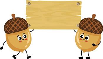 Two funny acorns holding an empty wooden board vector