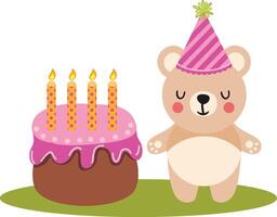 gracioso osito de peluche oso con cumpleaños pastel vector