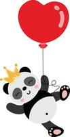 Cute king panda flying with a heart shaped balloon vector