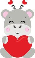 Cute valentine hippo sitting with red heart vector