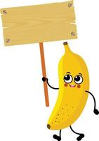 Funny banana mascot holding a wooden sign vector