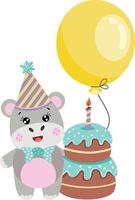 Cute hippo with balloon and happy birthday cake vector