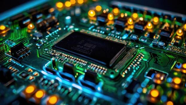 AI generated circuit board with light flashing photo