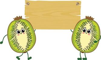 Two funny kiwi holding an empty wooden board vector