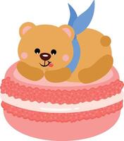 Cute greedy teddy bear on top of macaron vector