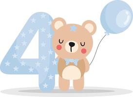 linda osito de peluche oso chico con globo a celebrar contento 4º año o 4º mes vector