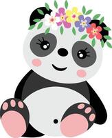 adorable panda sentado con guirnalda floral en cabeza vector