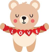 Loving teddy bear holding a love red heart flag garland vector