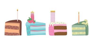 piece of cake set bright colors of birthday cakes vector