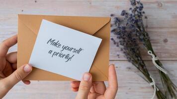 Female hands taking paper card note with text MAKE YOURSELF A PRIORITY from beige envelope. Lavender flower. Top view, flat lay. Concept of mental spiritual health self care wellbeing mindfulness photo