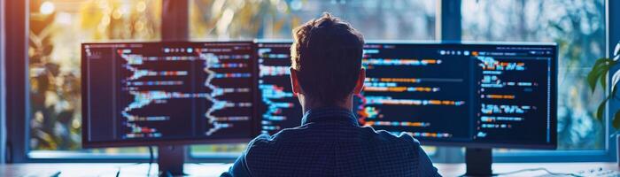 AI generated Coding Session, software developer sitting at their desk, focused on writing code on their computer screen, background image, generative AI photo